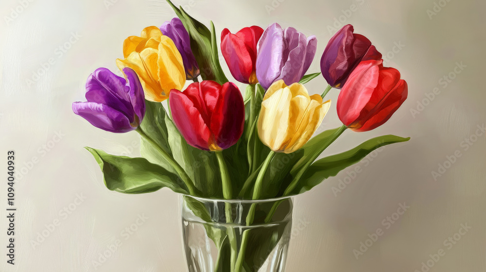 vibrant bouquet of colorful tulips in clear glass vase, showcasing red, yellow, purple, and white flowers. arrangement brings cheerful and fresh atmosphere to any space vibrant bouquet of colorful tulips in clear glass vase, showcasing red, yellow, purple, and white flowers. arrangement brings cheerful and fresh atmosphere to any space