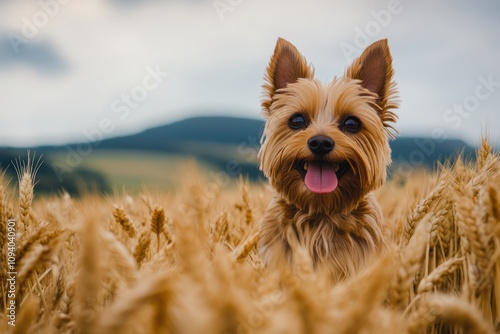 A cheerful dog stands in a golden wheat field, showcasing a serene rural landscape.