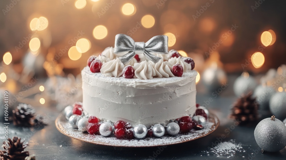 Fototapeta premium A festive cake adorned with cherries, silver decorations, and a bow, perfect for celebrations.