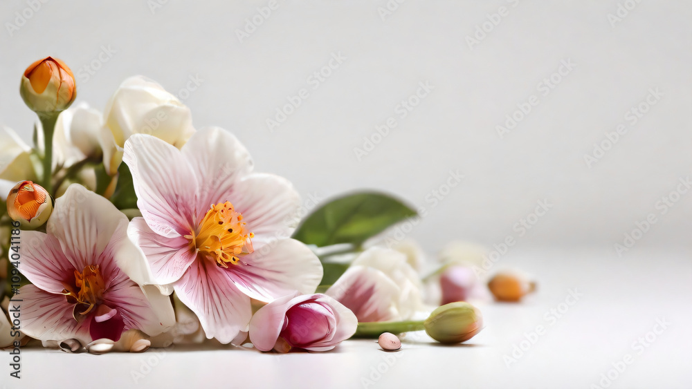 A vibrant bouquet of flowers beautifully arranged on a white background. A vibrant bouquet of flowers beautifully arranged on a white background.