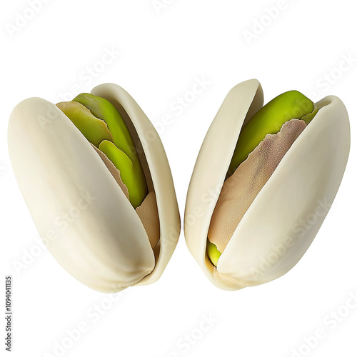 Two pistachios opening showing green seed on transparent background