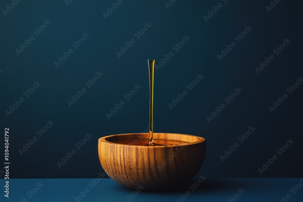 A wooden bowl containing liquid with a slender pour, set against a dark background. A wooden bowl containing liquid with a slender pour, set against a dark background.