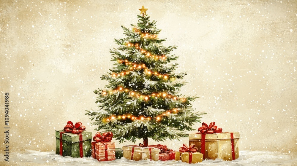 Elegant green Christmas tree with twinkling lights, surrounded by festively wrapped gifts, on a cream background for a timeless card. Elegant green Christmas tree with twinkling lights, surrounded by festively wrapped gifts, on a cream background for a timeless card.