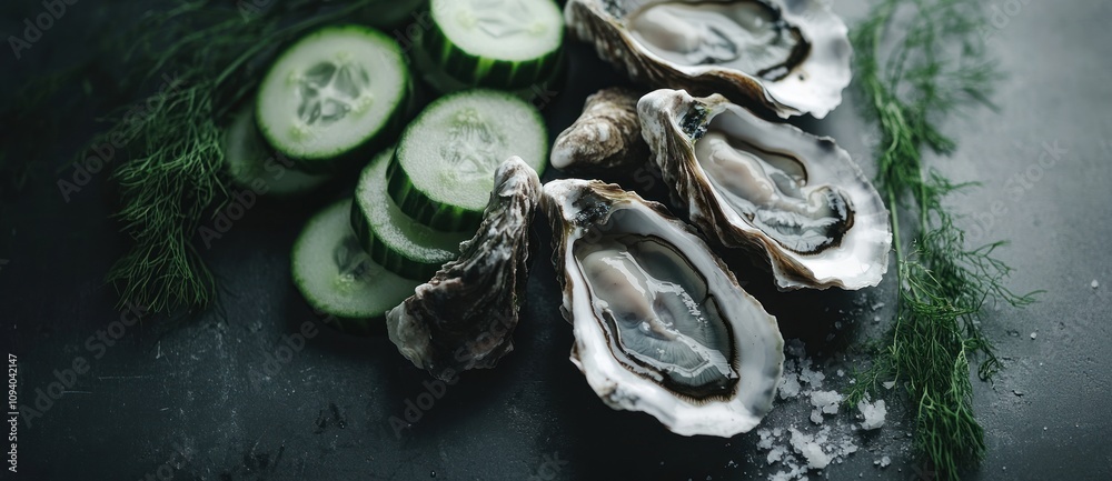 Fresh oysters served with cucumber slices and herbs on a dark surface. Fresh oysters served with cucumber slices and herbs on a dark surface.
