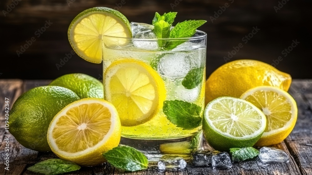 A refreshing drink with lemons and limes, garnished with mint, on a rustic wooden table. A refreshing drink with lemons and limes, garnished with mint, on a rustic wooden table.