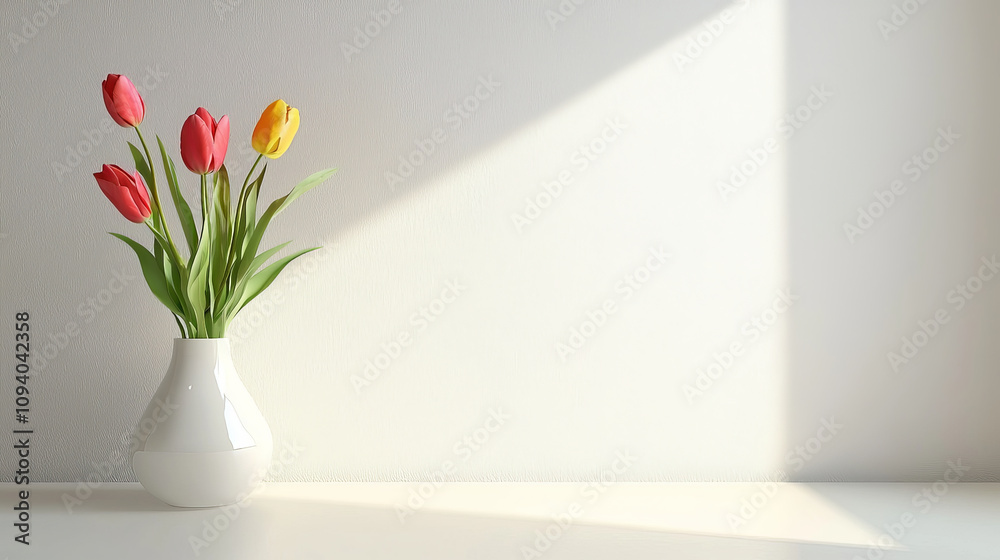 cluster of vibrant tulips in simple white vase, adding touch of color to minimalist setting. soft light enhances beauty of flowers cluster of vibrant tulips in simple white vase, adding touch of color to minimalist setting. soft light enhances beauty of flowers