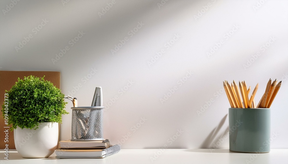 Work space Mock up white tabletop with files, pencils and houseplant