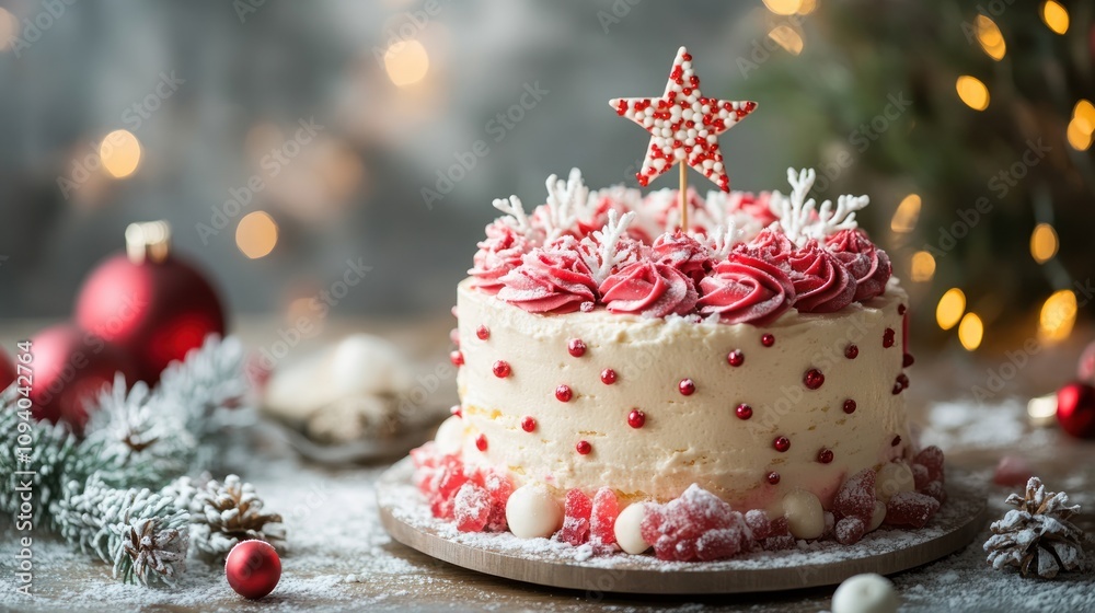 A festive cake adorned with red frosting, a star topper, and holiday decorations. A festive cake adorned with red frosting, a star topper, and holiday decorations.