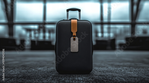 Stylish black suitcase with tag showcased in an airport terminal during early evening
