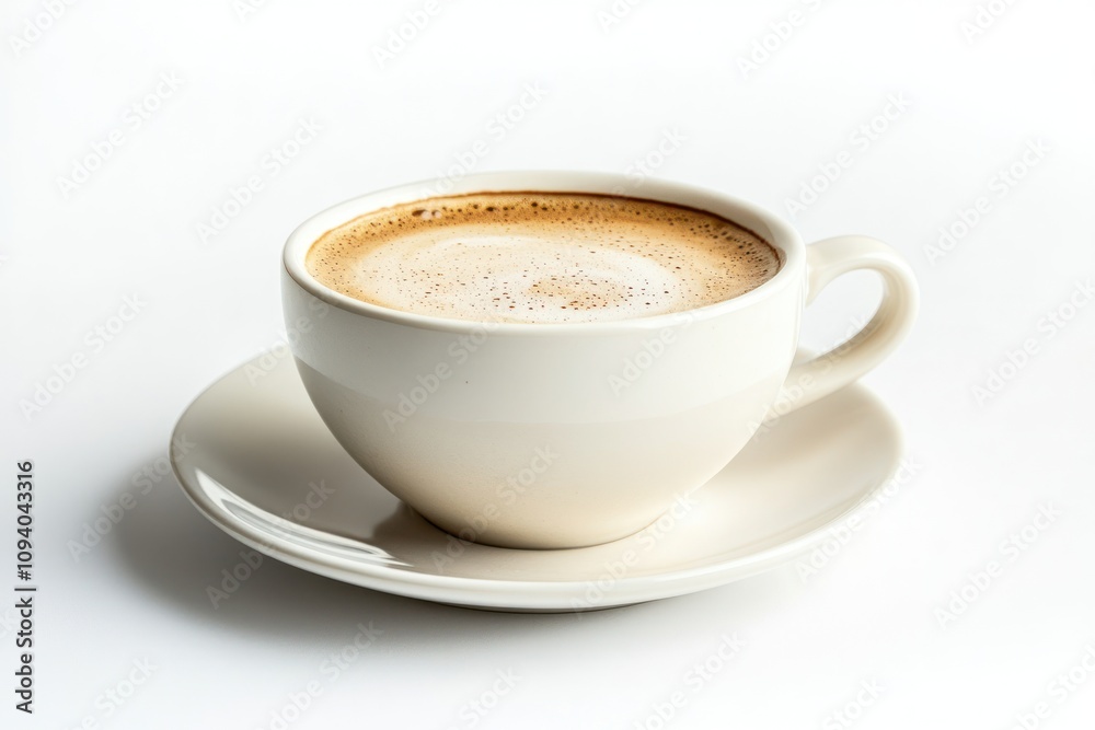 A simple white cup of coffee on a saucer, showcasing its frothy surface and inviting aroma. A simple white cup of coffee on a saucer, showcasing its frothy surface and inviting aroma.