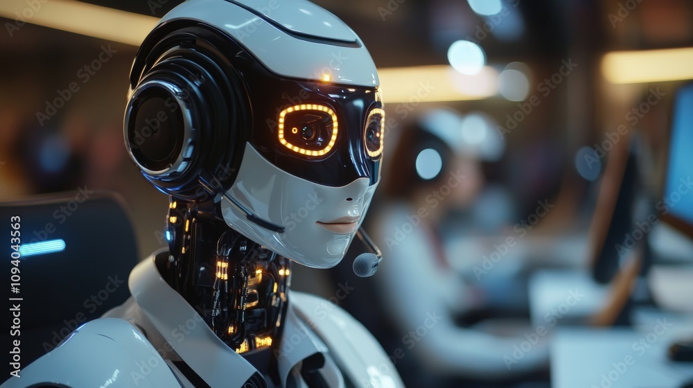 Fototapeta premium AI-Powered Customer Service Robot Agent Taking Calls in a Busy Call Center Environment