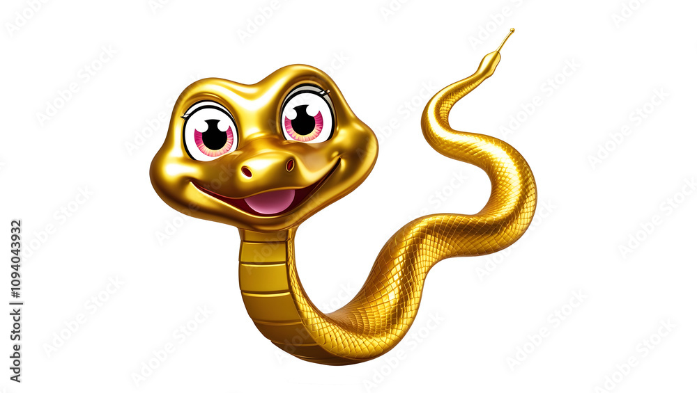 Fototapeta premium Gold snake, 3D render, cute cartoon, isolated on white background.