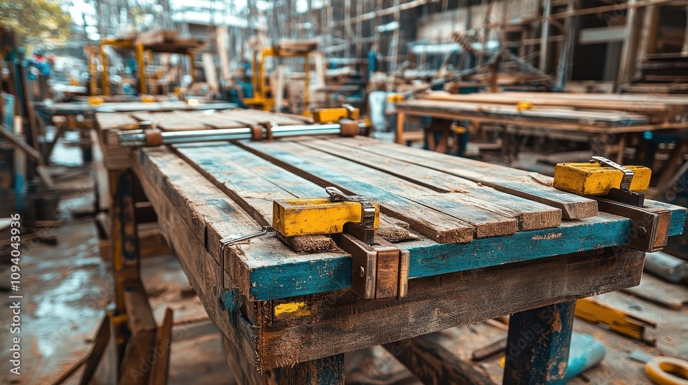 Rustic Wooden Workbench with Clamps Construction Site Lumber Rustic Wooden Workbench with Clamps Construction Site Lumber