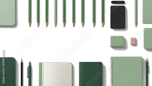 Mockup using light green and light black colors. Design of classic stationery templates such as pens, pencils, erasers, notebooks, books, isolated on a plain white background. photo