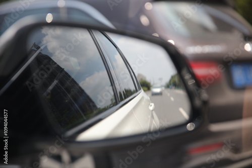 Rearview mirror of a moving car