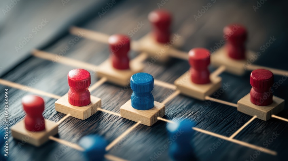 Naklejka premium Networked Strategy: A close-up view of a wooden game board with red and blue pins, representing interconnected elements, strategic planning, and collaboration.