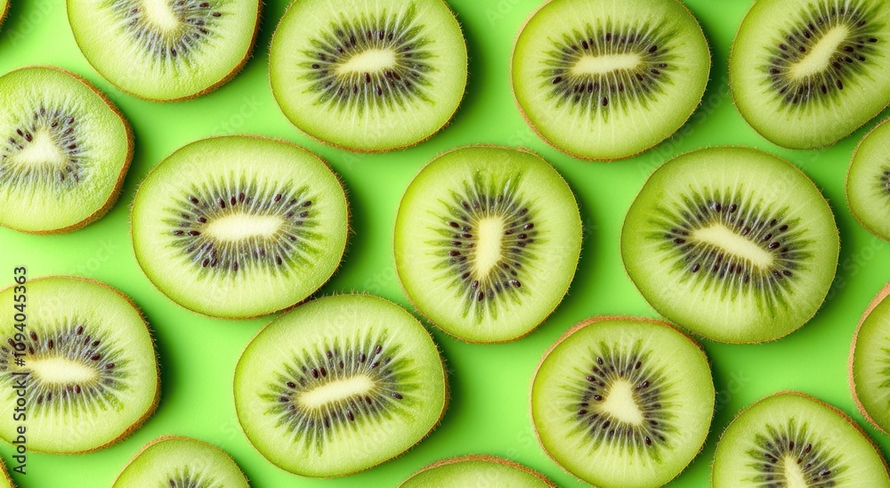 Sliced kiwis arranged on a green background. Sliced kiwis arranged on a green background.