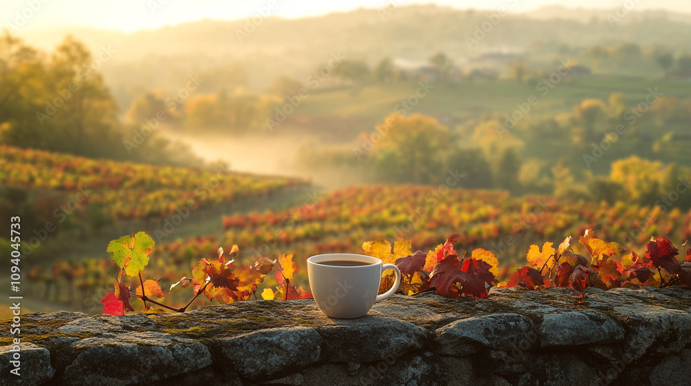 Coffee cup placed on stone wall overlooking lush vineyard during sunrise Coffee cup placed on stone wall overlooking lush vineyard during sunrise