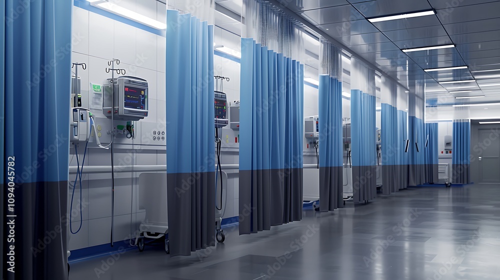 A detailed, high-resolution image of an empty hospital room with blue and white curtains, medical equipment on the wall, and a gray floor, depicting a realistic scene.
