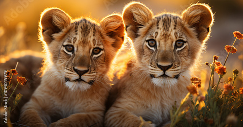 Twin lion cubs basking in golden sunlight among wildflowers at dawn in an African savanna