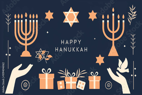 Happy Hanukkah vector illustration with a deep blue background, gift box, and design elements, is easily editable.