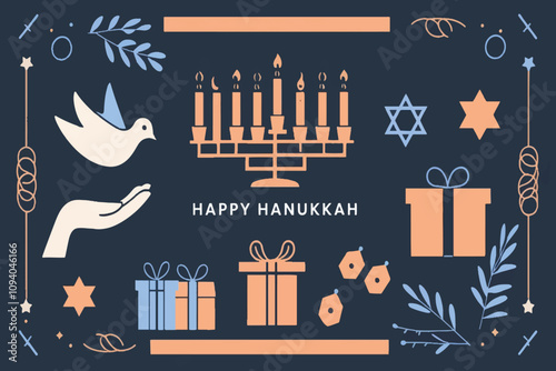 Happy Hanukkah vector illustration with a deep blue background, gift box, and design elements, is easily editable.