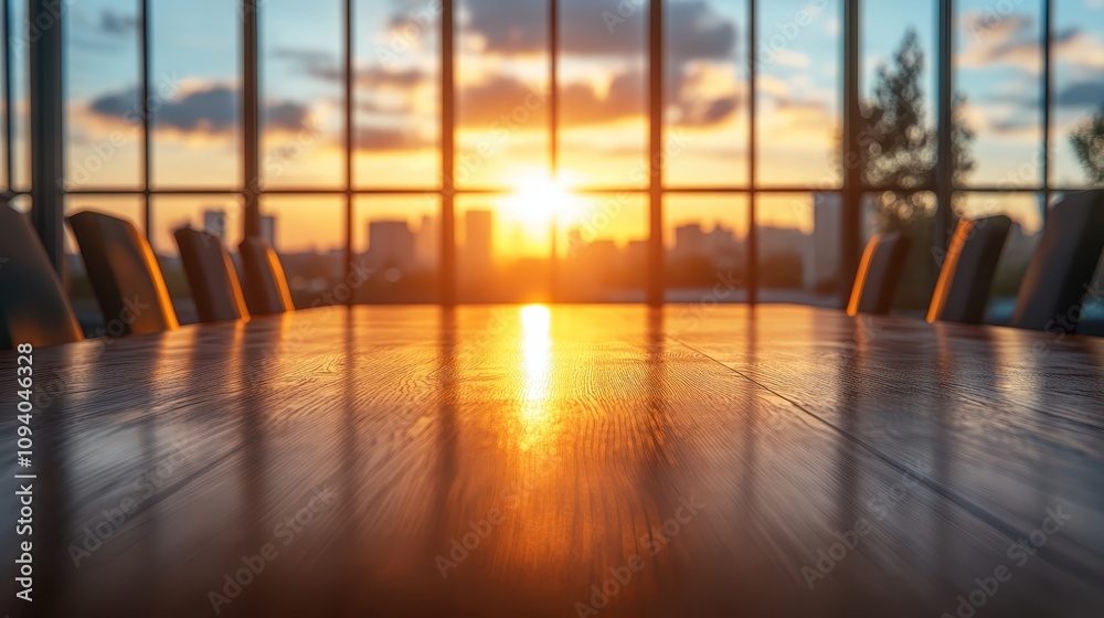 Fototapeta premium Sunset Cityscape View from Modern Conference Room Table
