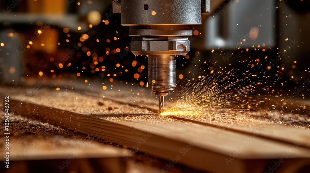 CNC Router Carving Wood Sparks Flying Precision Cutting Craftsmanship CNC Router Carving Wood Sparks Flying Precision Cutting Craftsmanship