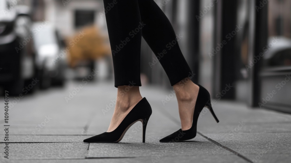 Stylish Black High Heels on City Street Stylish Black High Heels on City Street