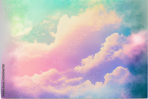 Watercolor background of a dreamy sky with soft pastel clouds, image blends pink, purple, and blue hues to create a calming and inspirational sky scene. Perfect for design, art, or relaxation themes photo