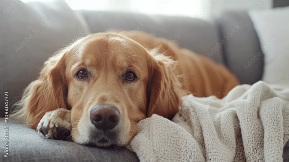 A golden retriever relaxing on a couch. A golden retriever relaxing on a couch.