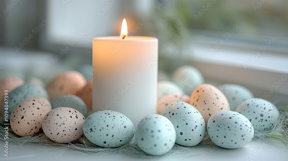 glowing white candle surrounded by pastel Easter eggs symbolizing hope, new beginnings, and spiritual renewal during the Easter season, creating a serene, peaceful atmosphere of celebration and reflec glowing white candle surrounded by pastel Easter eggs symbolizing hope, new beginnings, and spiritual renewal during the Easter season, creating a serene, peaceful atmosphere of celebration and reflec