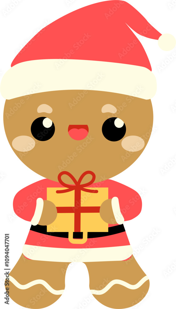 Fototapeta premium Cute cartoon Gingerbread man Santa Clause holding gift hand drawn vector kawaii character