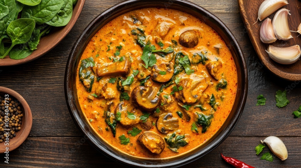 Creamy mushroom curry with spinach and garlic. Creamy mushroom curry with spinach and garlic.
