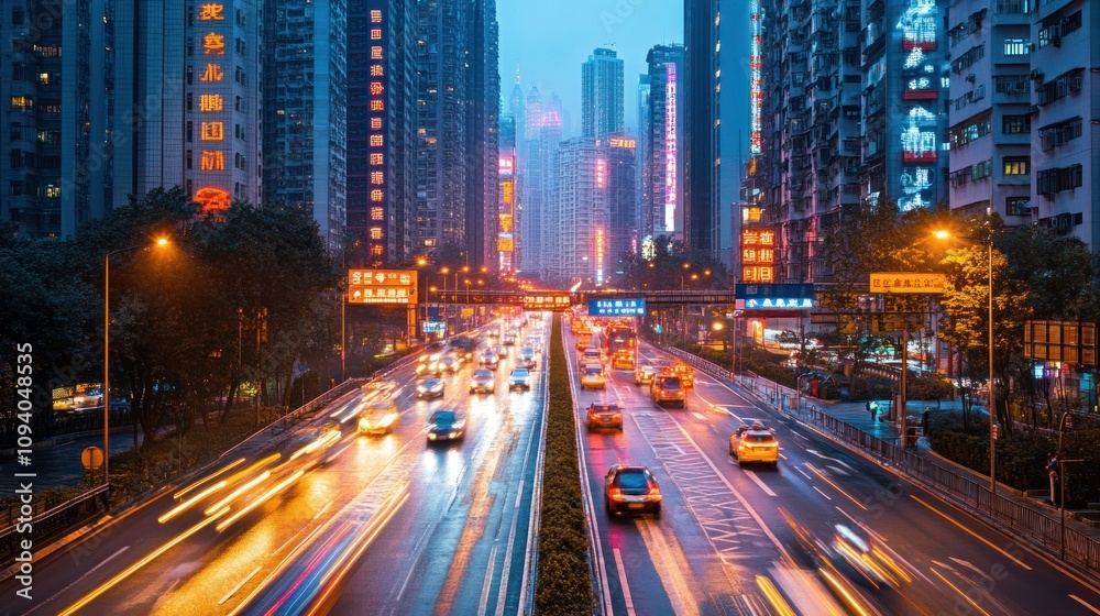 Fototapeta premium A vibrant cityscape at dusk, showcasing busy traffic and illuminated buildings.