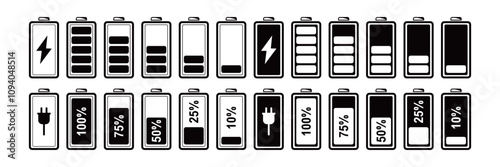 Battery icons vector set. Battery charge indicator or level full, low, percent, plug-in, charging battery energy silhouette icon.