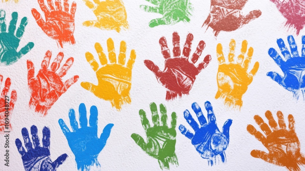 Fototapeta premium A collection of diverse handprints in different colors on a white canvas, Symbolizing unity and cooperation from varied backgrounds, minimalist composition