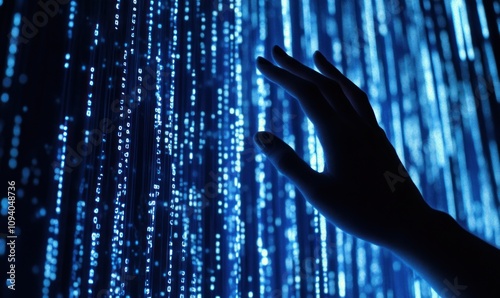 A hand reaching towards a digital waterfall of blue binary code.