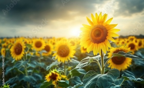 A vibrant sunflower field under a dramatic sky at sunset, showcasing nature's beauty.