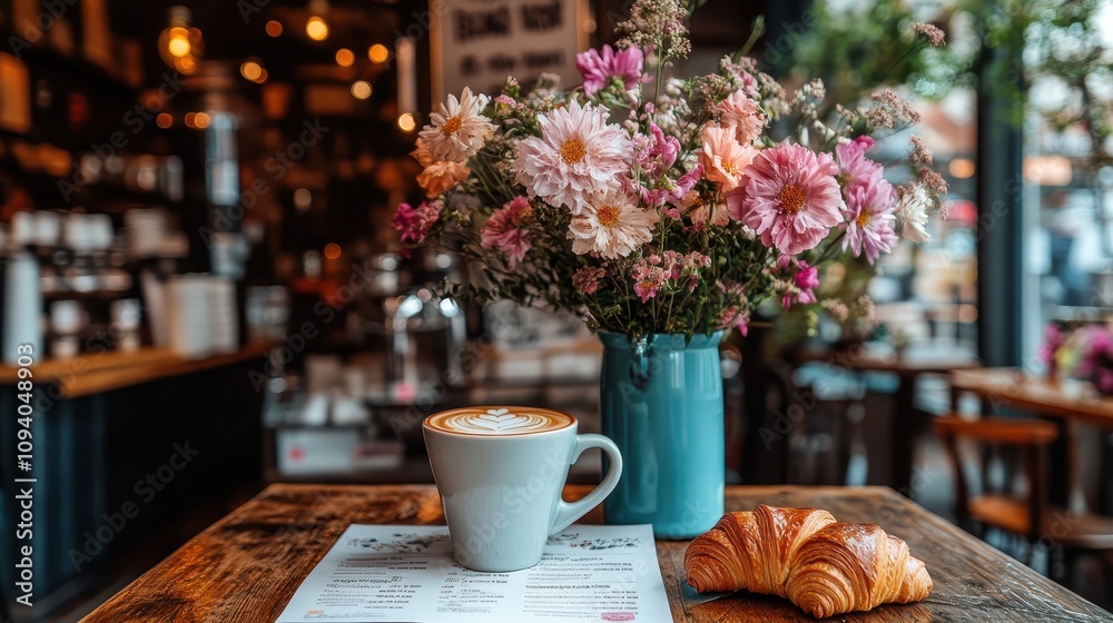 Cozy Cafe Latte Croissant Flowers Breakfast Table Scene Cozy Cafe Latte Croissant Flowers Breakfast Table Scene