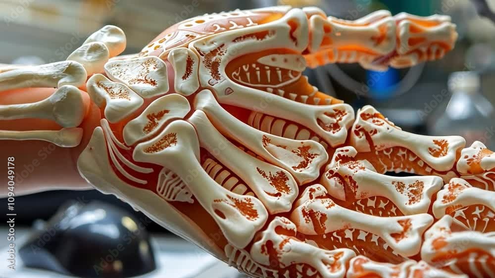 A detailed model of a human hand skeleton is placed on a table in a laboratory. Surrounding it are various scientific tools and equipment, showcasing an educational environment focused on anatomy.