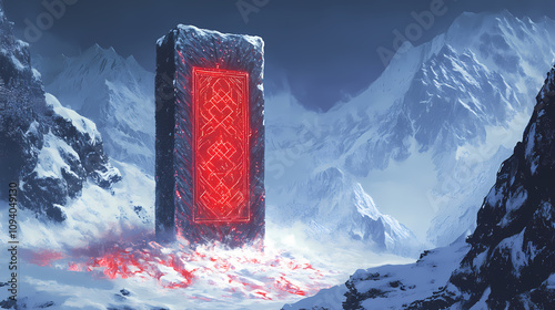 Frost-bound monolith with glowing red engravings in a snowy mountain landscape. Wondrous Crystal Maze. Illustration photo