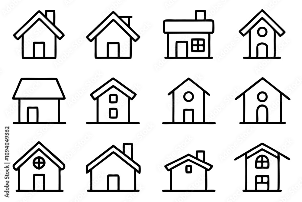 Set of home icons representing different house designs. Ideal for real estate, rentals, and home improvement themes. Simple vector illustrations for versatile use. Set of home icons representing different house designs. Ideal for real estate, rentals, and home improvement themes. Simple vector illustrations for versatile use.