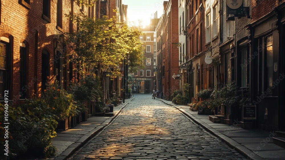 A serene cobblestone street lined with brick buildings and greenery, illuminated by sunset. A serene cobblestone street lined with brick buildings and greenery, illuminated by sunset.