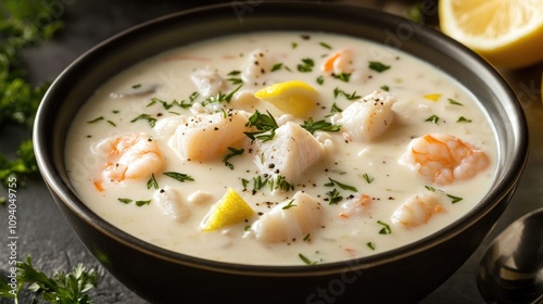 Creamy Seafood Chowder in a Black Bowl