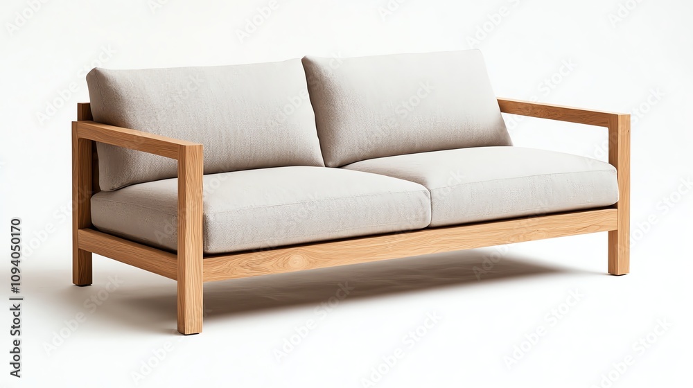 Stylish wooden sofa with light cushions on a white isolate background. Stylish wooden sofa with light cushions on a white isolate background.