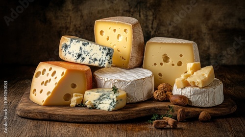 A variety of cheeses displayed on a wooden board, showcasing different textures and types.