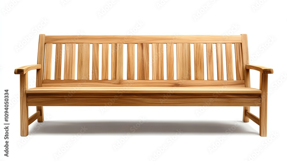 Solid wood bench with slatted backrest, isolated on white background. Solid wood bench with slatted backrest, isolated on white background.