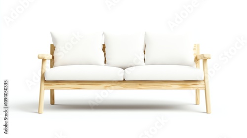 Modern wooden sofa with white cushions on isolated background.