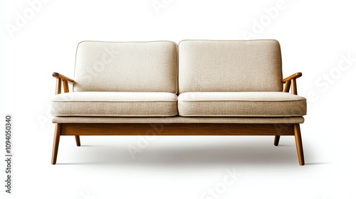 Stylish beige sofa with wooden legs, white isolated background.